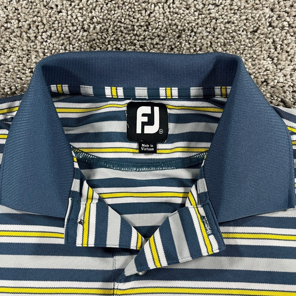 FootJoy Mens ProDry Striped Golf Polo Shirt Navy Blue Grey Yellow Medium - Picture 2 of 7